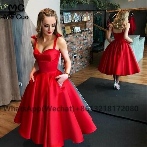Ball Red Homecoming dress Short Spaghetti Straps Pockets Draped Satin Sleeveless Cocktail Party Dress Short homecoming dress