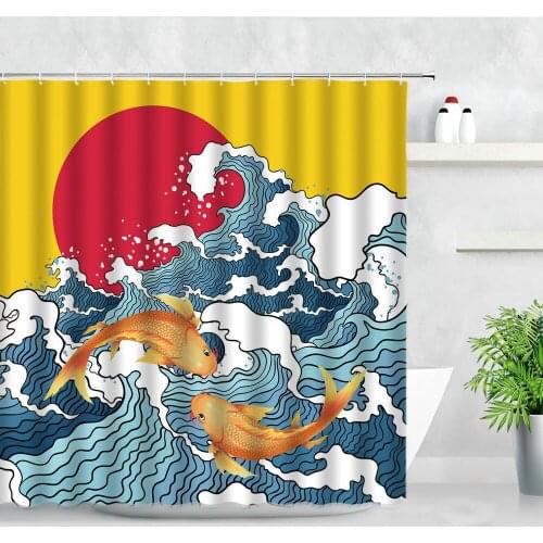 Creativity Ocean Wave Scenery Shower Curtains Red Sun Carp Traditional Landscape Waterproof Fabric Home Decor Bathroom Curtain