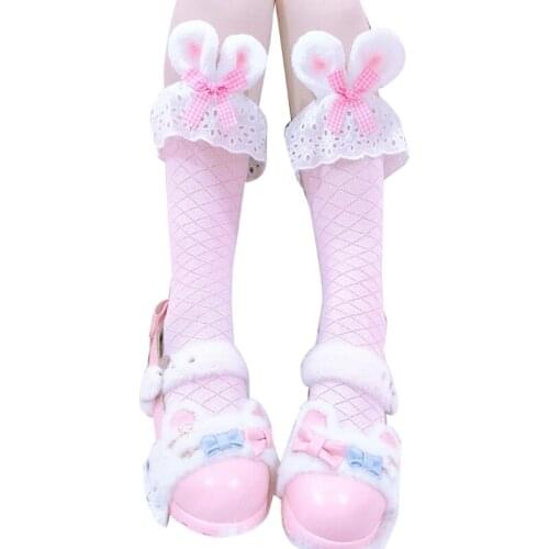 Women Girls Lolita Kawaii Cotton Crew Socks Long Plush Rabbit Bunny Ears Bowknot Ruffles Lace Japanese Style Anime Mid Tube Hosi
