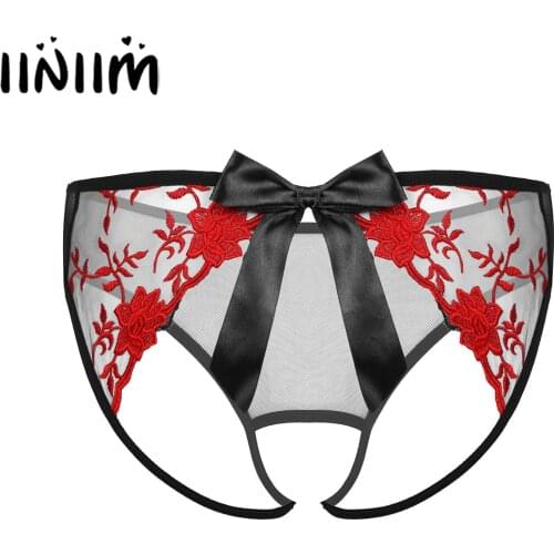 Mens Sissy Crotch Hole Panties Embroidered Crotchless Briefs See-Through Mesh T-back Underpants Low Waist Bowknot Underwear
