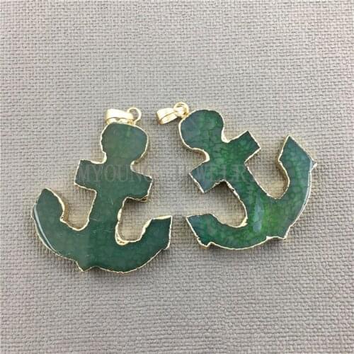 MY0381 Green Anchor Agates Slice With Gold Electroplated Bail Pendant,Natural Stone Onyx Slice Gold Edges Pendant
