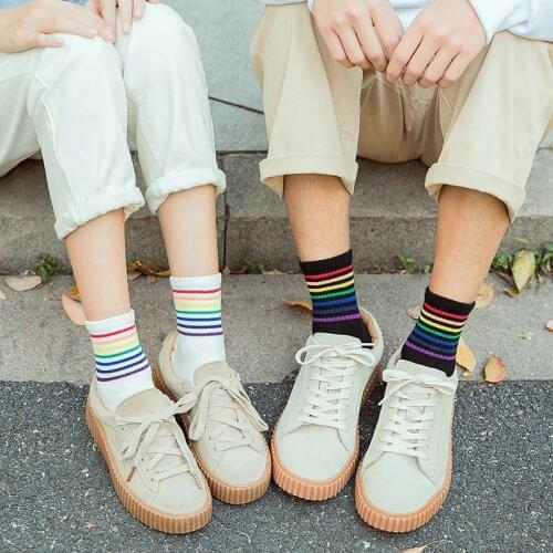 Socks Men Women Unisex Rainbow Socks Cotton White Black Sock Striped Hip hop Fashion Harajuku Skateboard Sox Meias Short Soks