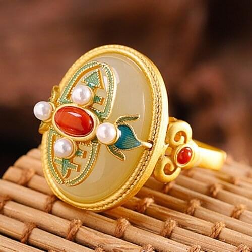 New gorgeous retro palace style, s925 silver gold-plated, burnt blue craft, natural jade ring woman, 925 silver woman ring