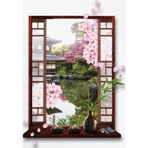 Garden landscape 3d fake window vinyl wall stickers water flower tree mural occident home decoration scenery wallpaper 70*50cm