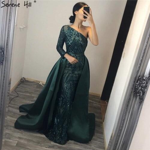Dubai Green Mermaid One Shoulder Evening Dresses Luxury Long Sleeves Sexy Formal Dress 2020 Serene Hill DLA6619
