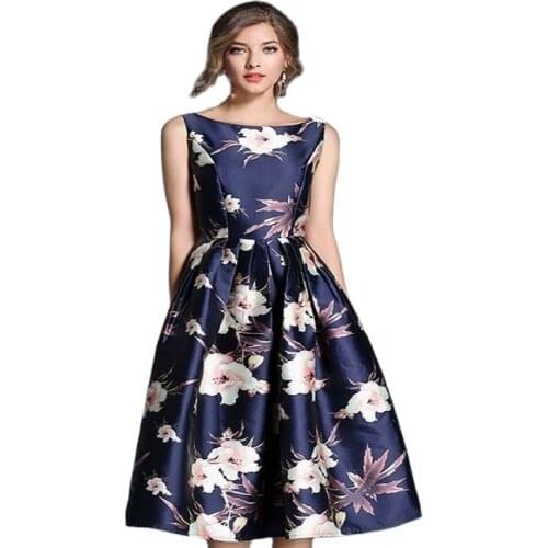 BunniesFairy 2021 Spring High End Fashion Women Clothing Retro Flower Floral Print Navy Blue Vest Dress Wedding Party Cocktail