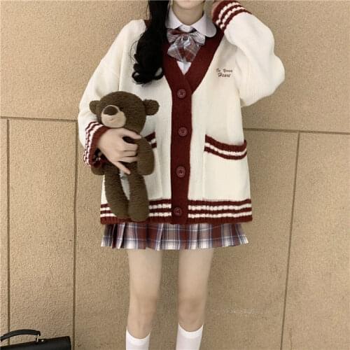 Korean Style Contrast Color Knitted Cardigan for Female Students Autumn and Winter New Sweater All -Matching Girl Coat