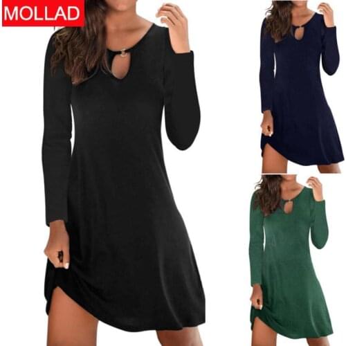 2021 European and American Womens Clothing Autumn Quality Commuter Pullover Solid Color Long Sleeve Dress