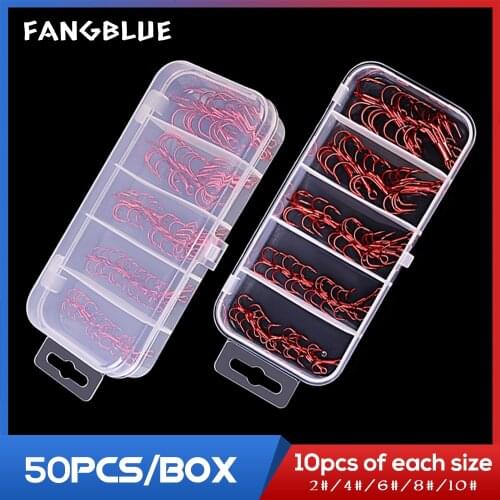 50Pcs Treble Fishing Hooks Red Stainless Steel Fishhook 2#/4#/6#/8#/10# Size Set With Box Pesca Tackle Fishing Accessories