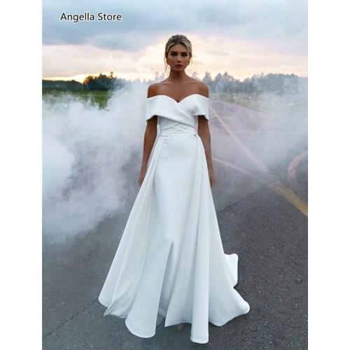 Arabic White Mermaid Wedding Dresses With Removable Train 2021 Off Shoulder Simple Satin Bridal Gowns Sweep Train