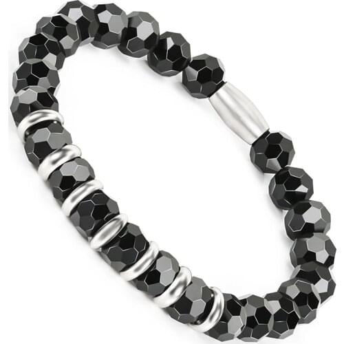 BOFEE Natural Black Onyx Beads Bracelet Steel String Stretch Hand Chain Hematite Energy Fashion Jewelry For Women Men Lovers