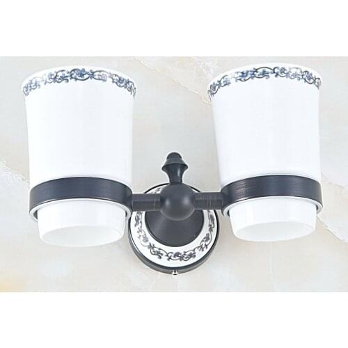 Black Oil Rubbed Brass Double Toothbrush Holder With Ceramic Cup Wall Mounted Bathroom Accessories aba761
