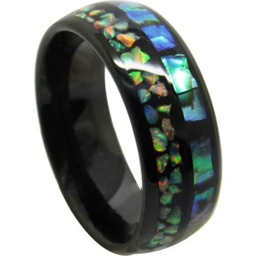 New 6/8mm Width Boho Tungsten Wedding Rings Black Tone Inlay Green Opal & Natrual Shells for Couples Size 6-13 Can Engraving