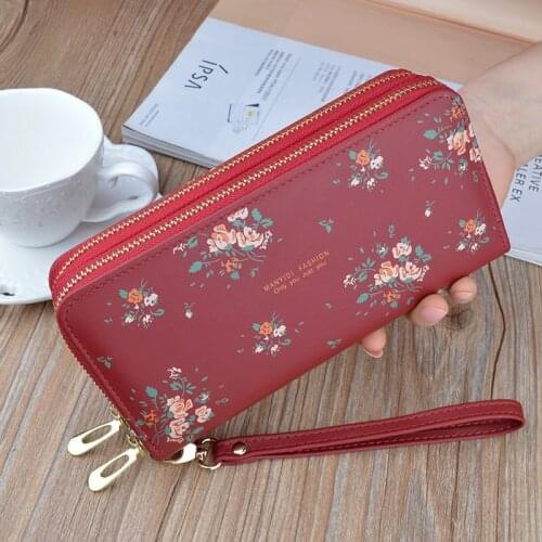 Double Zippers Women Wallets Lady Long Coin Purses Cards Holder Woman Handbags Billfold Wristlet Wallet Clutch Floral Money Bags