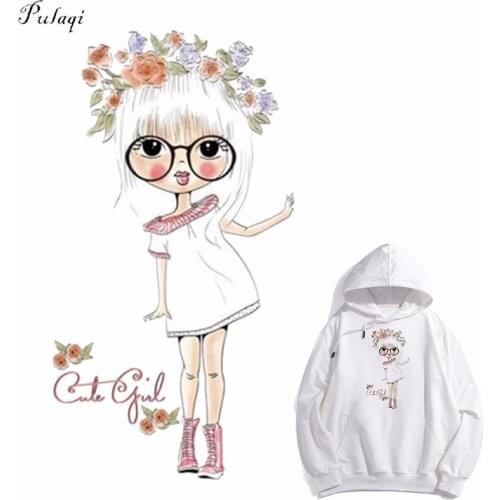 Pulaqi Cute Girl Iron-On Transfers Patches For Clothing Diy Transfer Paper Cartoon Flower Heat Transfer Vinyl Sticker On Clothes