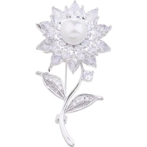 Copper Micro Inlaid Zircon Branch Flower Pearl CZ Brooch Hijab Pin all-match Clothing Exquisite Jewelry Accessories Trendy Gifts