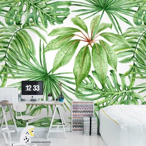 Green tropical leaves poster mural wallpaper for living room wall decoration wholesale free shipping discount wallpapers