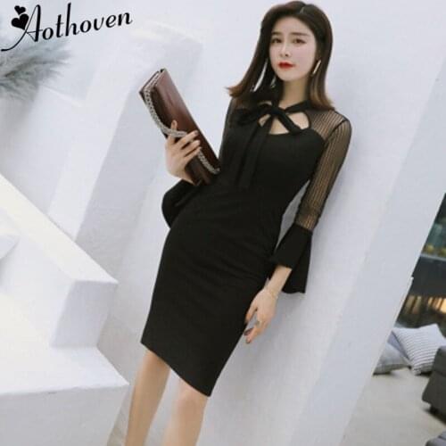 Autumn Bodycon Mesh Patchwork Pencil Dress Women Black Long Flare Sleeve Bow Collar Dress Office Lady Elegant Sexy Party Dresses