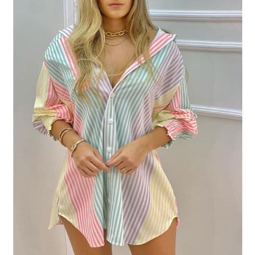 Autumn Sexy Mini Long Sleeve Women Dress Fashion Loose Lapel Single-breasted Color Striped Printed Stamping Casual Shirt Dress