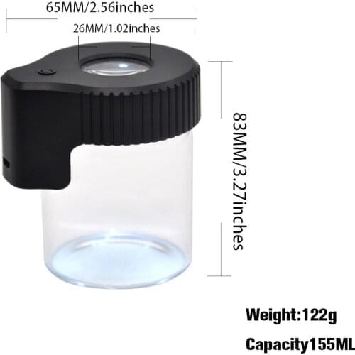 1pc led Plastic&Glass Light-Up LED Air Tight Storage Magnifying Jar Viewing Container 155ML Vacuum Seal Plastic Pill Box Case