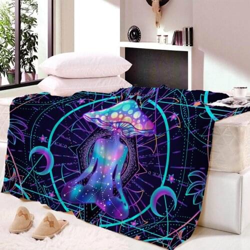 Hippie Plush Psychedelic Fleece Blanket Rainbow Colorful Bed Blanket Mushroom Bedding Abstract Art