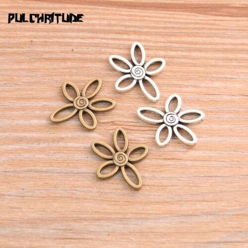 PULCHRITUDE 30pcs 16*18mm Metal Alloy Two Color Hollow Flower Charms Small Plant Pendants For Jewelry Making DIY Handmade Craft
