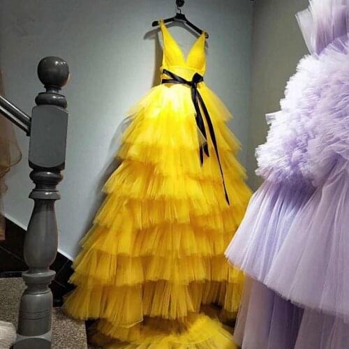 Chic Yellow Ruffles Tiered Tulle Evening Dresses 2020 Lush Gonna Prom Gowns Plus Size Lace Up Back Party Dress Robe De Soiree