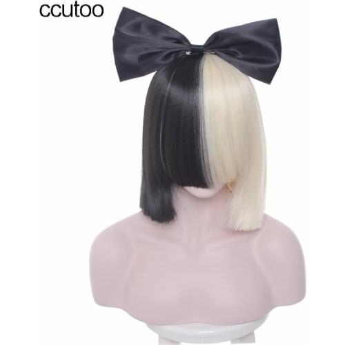 Ccutoo 38cm Sia Females Half black and blonde short bobo synthetic hair full bangs heat resistance cosplay wig+bow