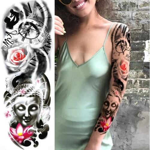 Red Rose Buddha Temporary Tattoos For Men Women Adult Body Art Full Arm Sleeve Custom Tatoo disposable Fake Tattoo Stickers DIY