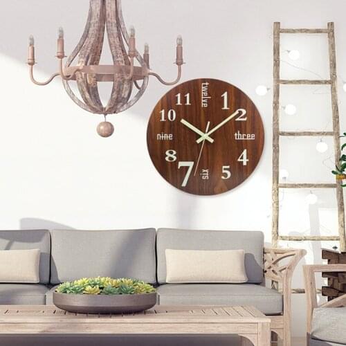 Living Room Decoration Retro Wooden Wall Clock 12-Inch with Luminous Word Numbers Silent Used in Bedroom Dining Room Kitchen