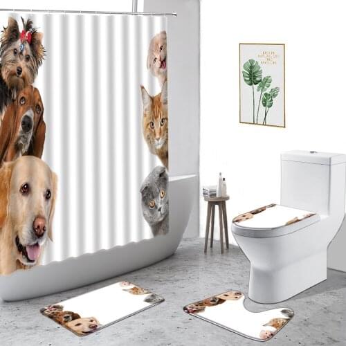 Funny Animal Cats Dogs Shower Curtain Cute Pet 3D Printed Bathroom 4-Piece Anti-Slip Carpet Toilet Cover Bath Curtains With hook