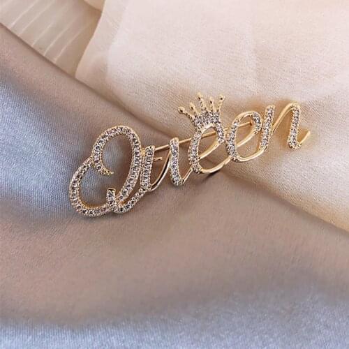 Rhinestone Queen Brooches For Women 2-color Crown Letters Pary Office Brooch Pins Gifts
