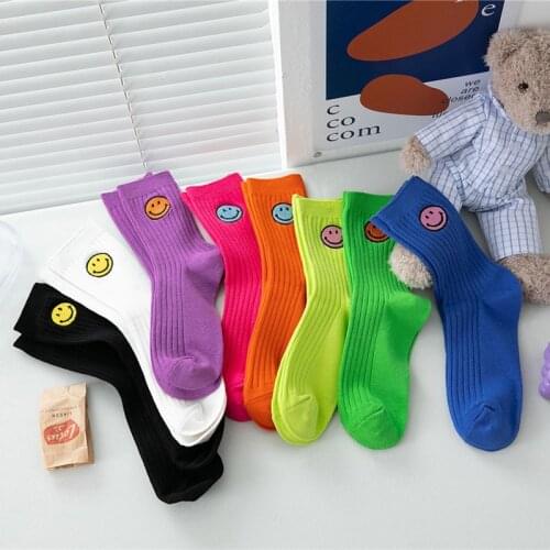 2021 New Adult Smiling Face Socks Women Cotton Cute Smile Face Embroidery Fashion Candy Color Ins Heap Heap Socks Female