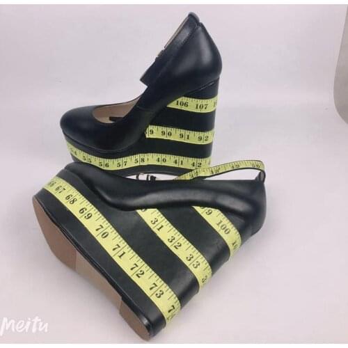 Runway Woman Yellow Ruler Applique Super Wedge Heel Platform Pumps Lady Ankle Strap Patwork Ultra Heel Designer Shoes