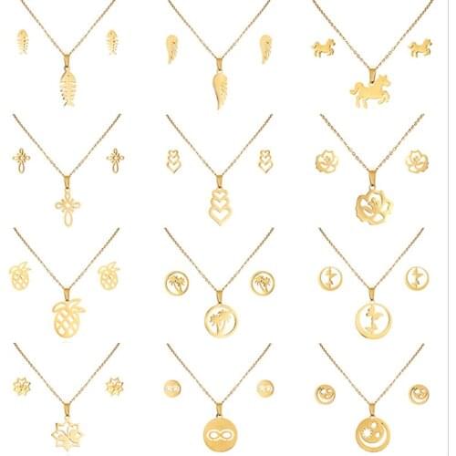 Woman Stainless steel jewelry set animal fish horse wings rose flower Ms pendant necklace earring set ladies wedding ear jewelry