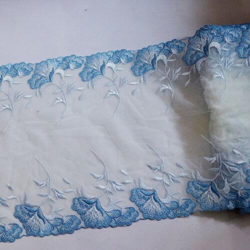 1Meter 25CM Wide Double Sides Blue Floral Embroidered Lace Trim Creamy Tulle Lingerie Underwear Clothes Bra Sewing Fabric Craft