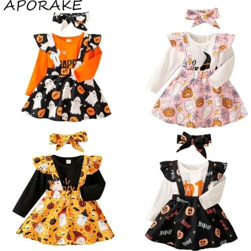 2021 0-12M Infant Baby Girl Clothing My 1st Halloween Letters Long Sleeves Romper+Cartoon Suspenders Skirt+Hairband Costume 3pcs