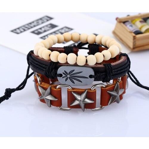 3PCS/Set Retro Boho Punk Brown Wrap Leather Knot Maple Leaf Star Rivert Charm Beige Wood Bead Layers Bracelets Bangles Unisex