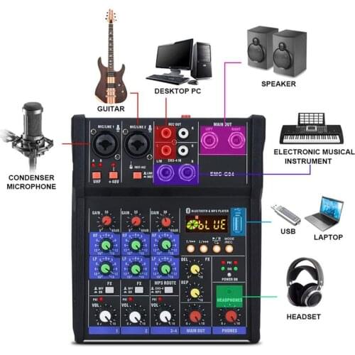 4 Channel Audio Mixer Console With Wireless Microphone Sound Mixing With Bluetooth USB Mini Dj Mixer
