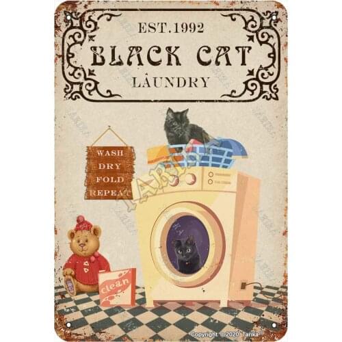 Black Cat Laundry Wash Dry Fold Repeat for Home Farmhouse Living Room Kitchen Club Metal Vintage Tin Sign Wall Decoration
