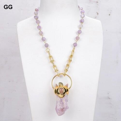 GG Jewelry Natural Pink Kunzites Rough Nugget Pendant Amethysts Chain Necklace 21" For Women