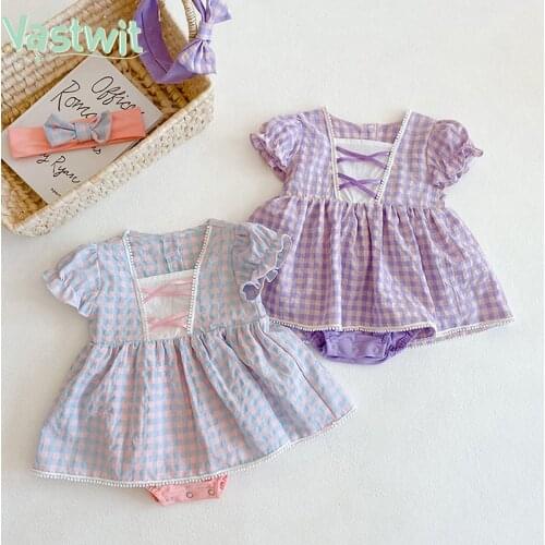 Baby Summer Clothing Suit Baby Girls Party Princess Romper Dress +Headband Ruffle Sleeve Plaid Lace Jumpsuit Bebe Infant Clothes