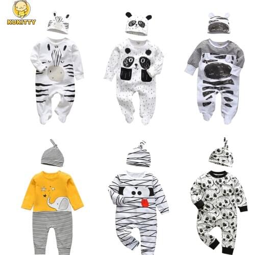 2Pcs Newborn Baby Boys Clothes Outfits Set Infant Toddler Clothing Cotton Long Sleeve Cartoon Print Jumpsuit and Hat