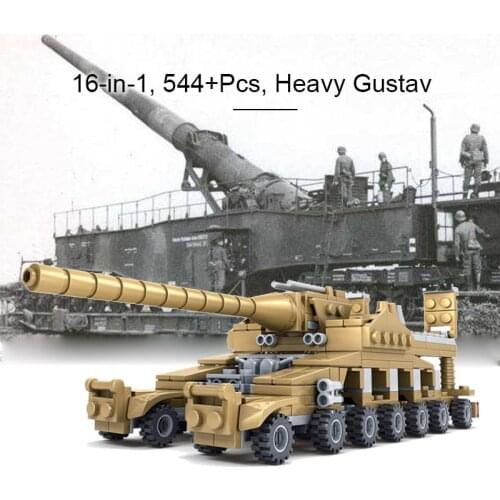 16-in-1 Creator Ideas 544pcs Dora Heavy Gustav Gun Building Blocks Military Tank WW2 Bricks Set Models Children Kids Toys Gifts