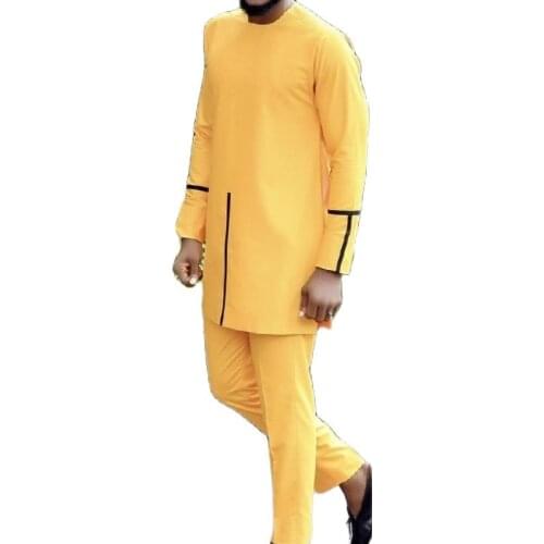 Black Strips On Egg Yellow Patchwork Tops+Solid Trousers Men Set Clothing African Fashion Male Casual Suits Wedding Party Gift