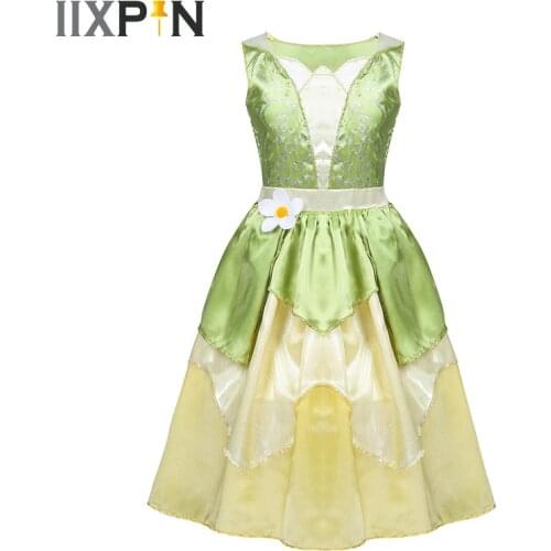 Girls Princess Tiana Costume for Girl Fancy Dresses Cosplay Glittery Flower Fairy Princess Dress Halloween Costume Party Dress