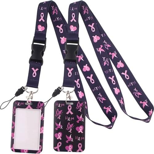 LT102 Pink Ribbon Breast Cancer Keychain Ribbon Lanyards for Keys ID Card Phone Straps Hanging Rope Lariat Students Badge Holder