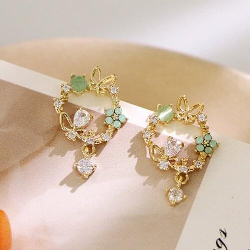 New Sweet Rhinestone Butterfly Flower Circle Stud Earrings For Women Painted Oil Insect Bee Earrings Korean Fashion Jewelry