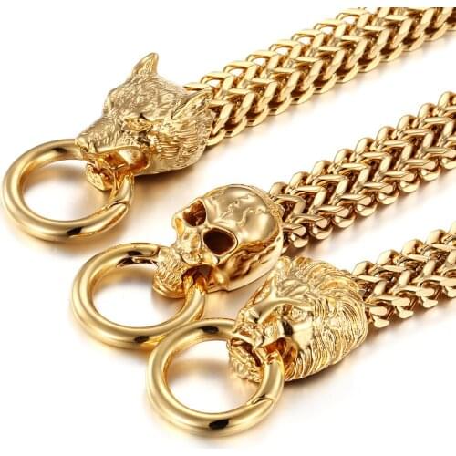 Charm Mens Bracelets Stainless Steel Bracelet Curb Chain Wolf/Lion/Skull Head Bangle Jewelry