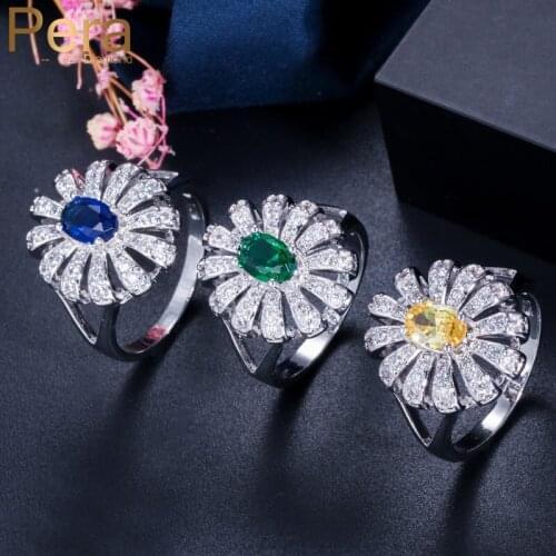 Pera Classic Big Flower Oval Shape Cubic Zirconia Silver Color Finger Rings Jewelry Accessories for Women Costume Party R025